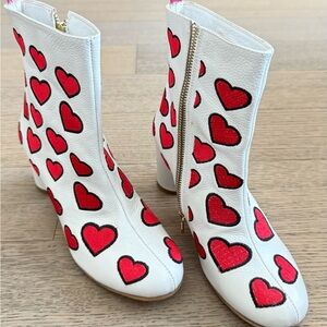 Stylish White and Red Heart Ankle Boots